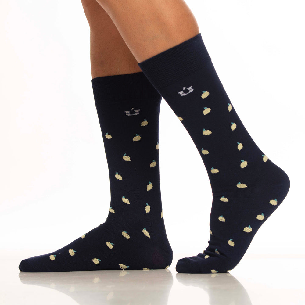 Mundo Unico men's Lemon Azul casual crew socks with yellow lemon miniprint design