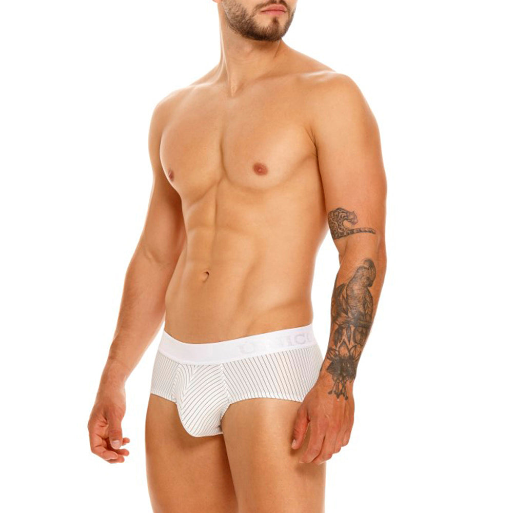 Mundo Unico men's Estelar Blanco classic contoured pouch brief underwear white pinstripe